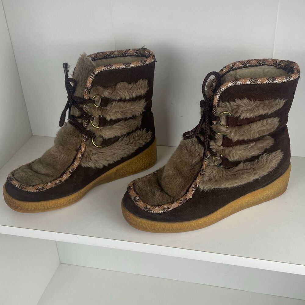 Vintage 70s Yodelers Faux Fur Suede Lace Up Winter Boots 6